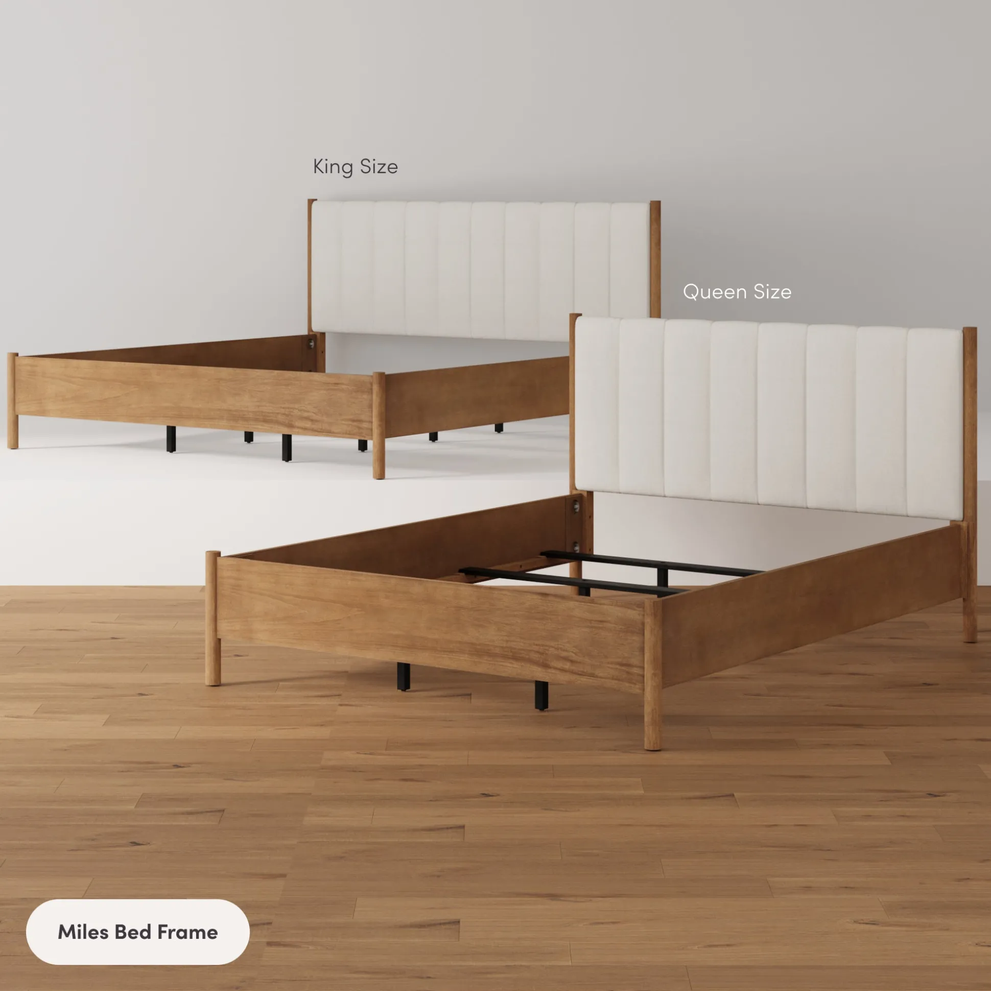 Modern Queen Bed Frame and 2 Curved Nightstands Set Light Brown