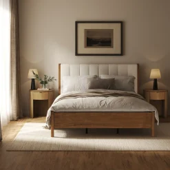 Modern Queen Bed Frame and 2 Curved Nightstands Set Light Brown