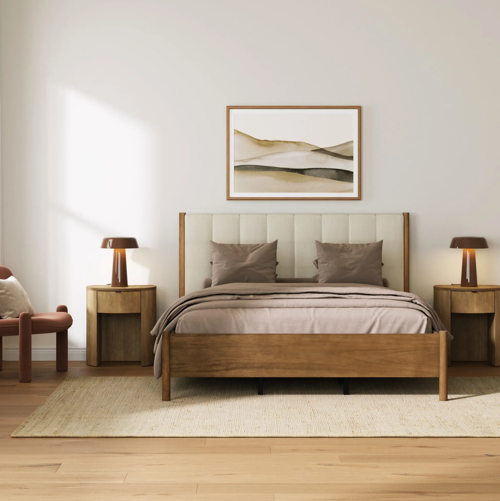 Modern Queen Bed Frame and 2 Curved Nightstands Set Light Brown