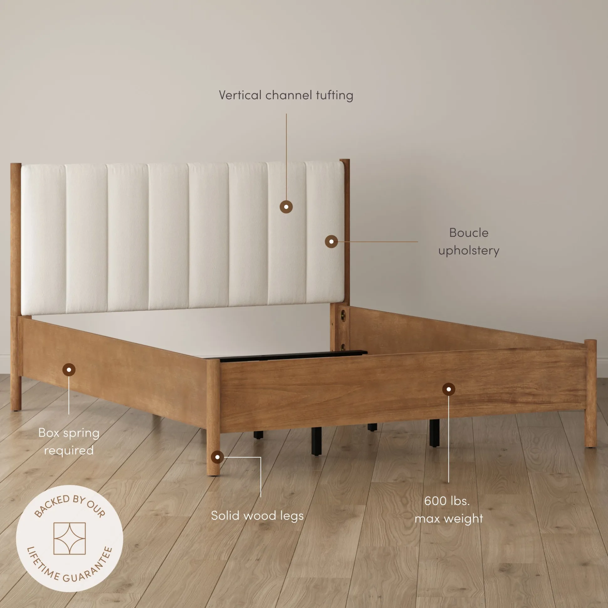 Modern Queen Bed Frame and 2 Curved Nightstands Set Light Brown