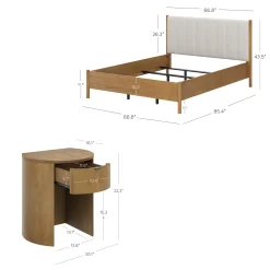 Modern Queen Bed Frame and 2 Curved Nightstands Set Light Brown
