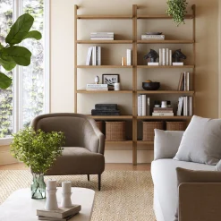 Modern 6-Shelf Wall Mounted Solid Wood Bookcase Light Brown (Set of 2)
