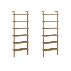 Modern 6-Shelf Wall Mounted Solid Wood Bookcase Light Brown (Set of 2)