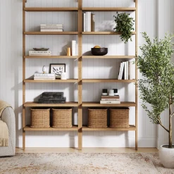 Modern 6-Shelf Wall Mounted Solid Wood Bookcase Light Brown (Set of 2)