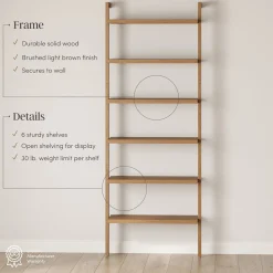 Modern 6-Shelf Wall Mounted Solid Wood Bookcase Light Brown (Set of 2)