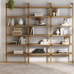 Modern 6-Shelf Wall Mounted Solid Wood Bookcase Light Brown (Set of 3)