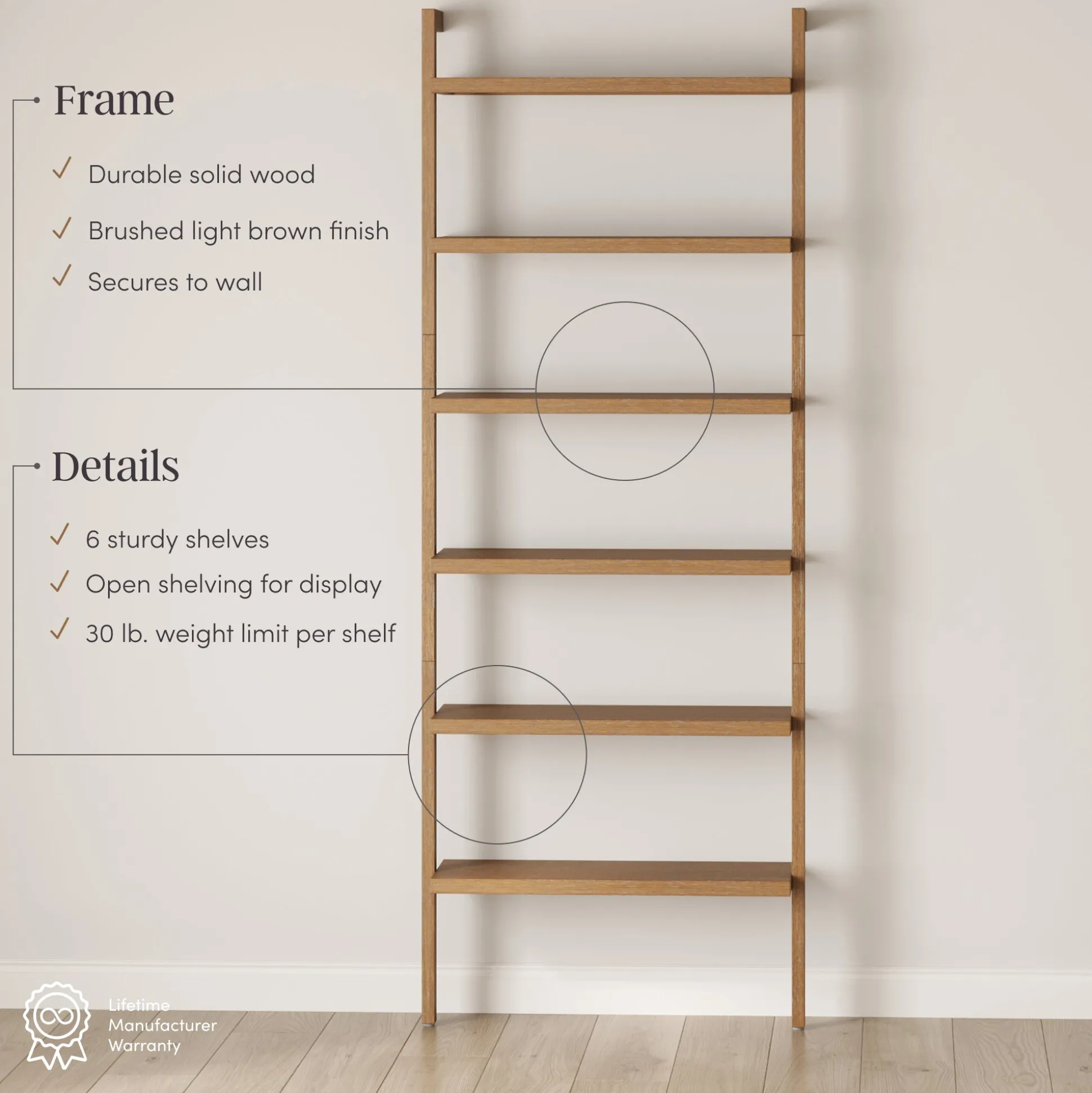 Modern 6-Shelf Wall Mounted Solid Wood Bookcase Light Brown