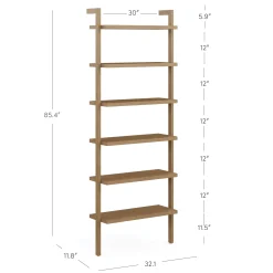 Modern 6-Shelf Wall Mounted Solid Wood Bookcase Light Brown