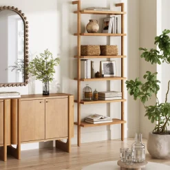 Modern 6-Shelf Wall Mounted Solid Wood Bookcase Warm Pine