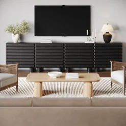 Modern Solid Wood TV Stand Cabinet with Sculpted Door for TVs up to 100
