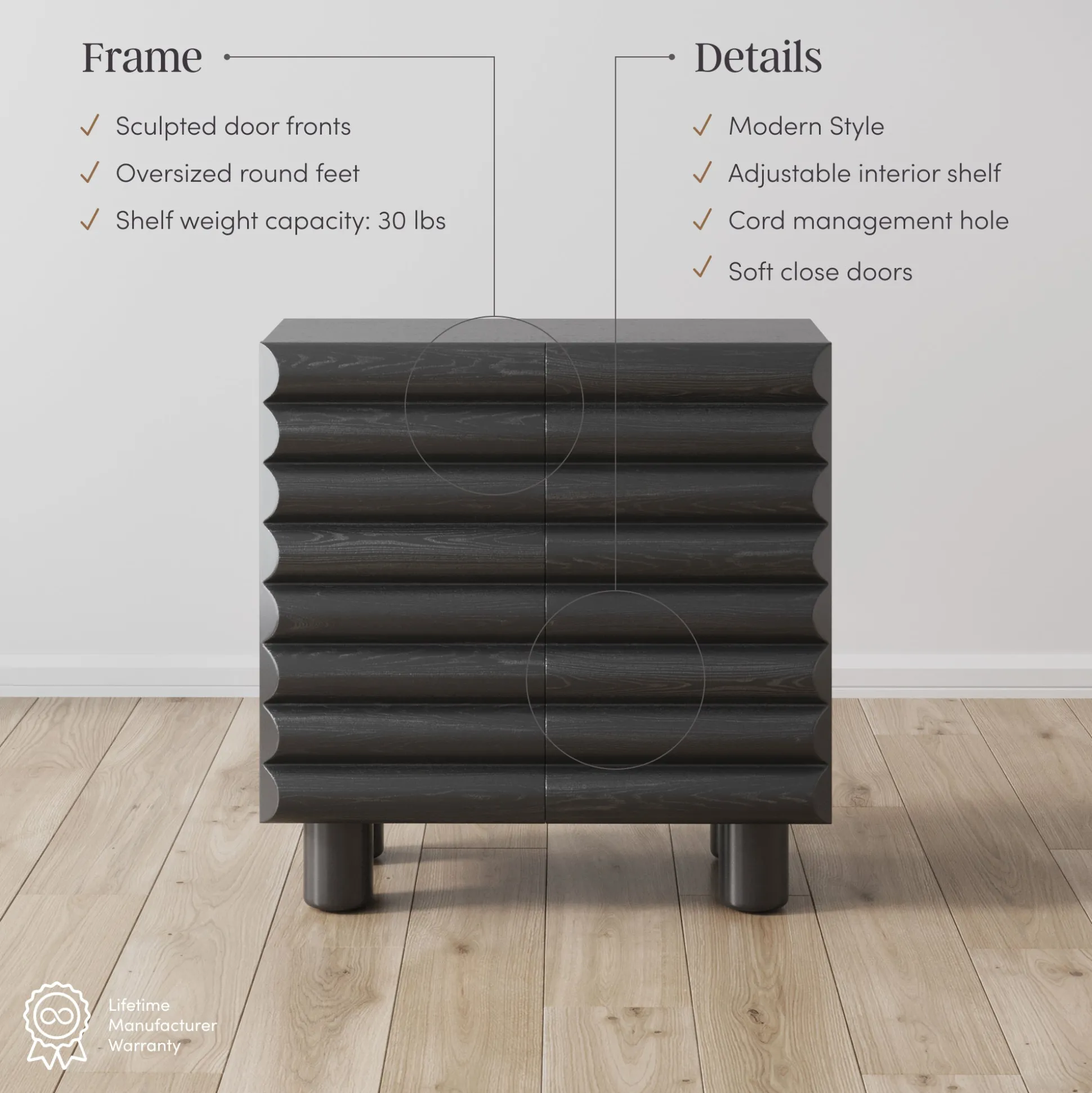 Modern Solid Wood TV Stand Cabinet with Sculpted Door for TVs up to 75"