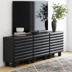 Modern Solid Wood TV Stand Cabinet with Sculpted Door for TVs up to 75