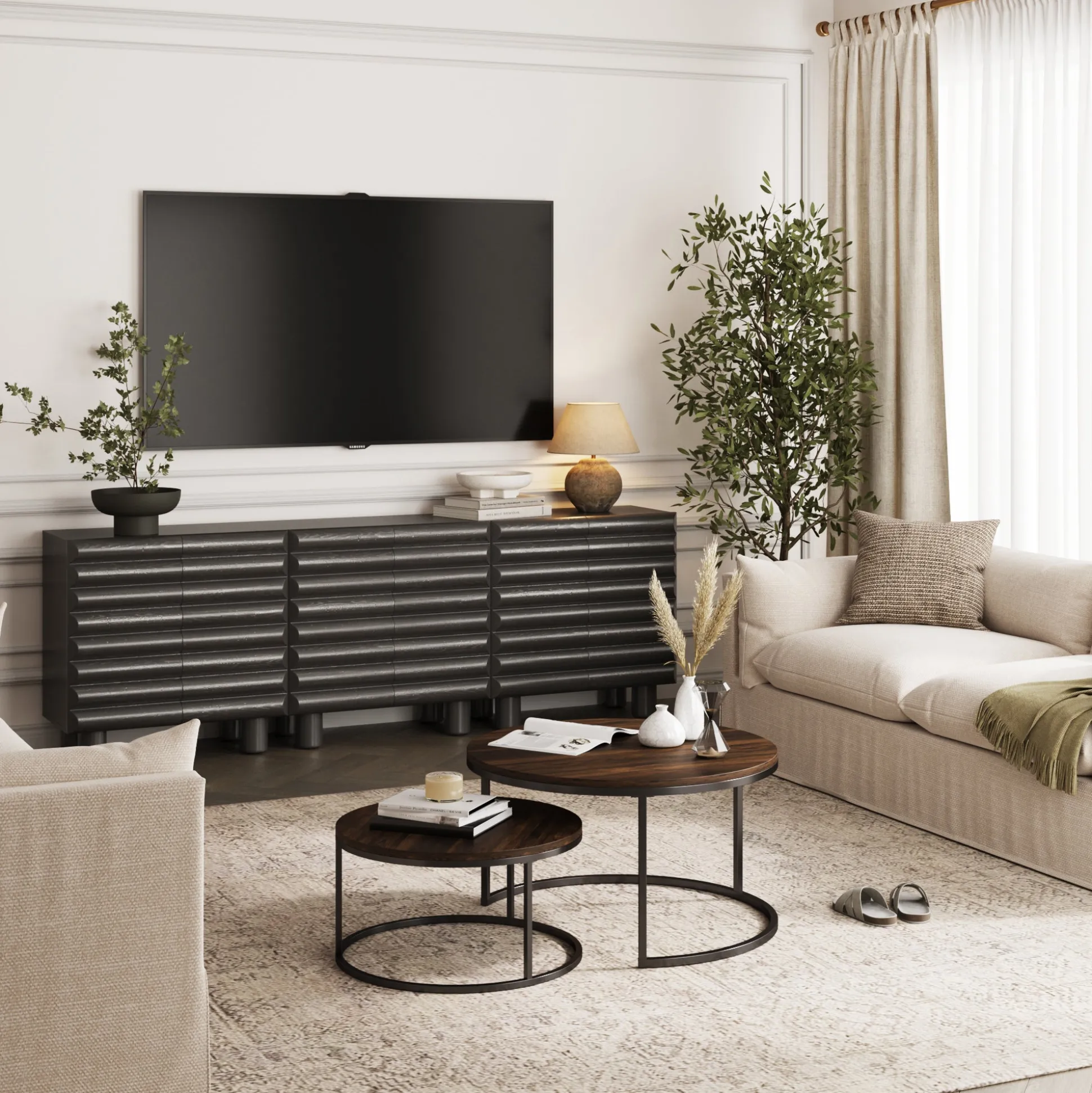 Modern Solid Wood TV Stand Cabinet with Sculpted Door for TVs up to 75"