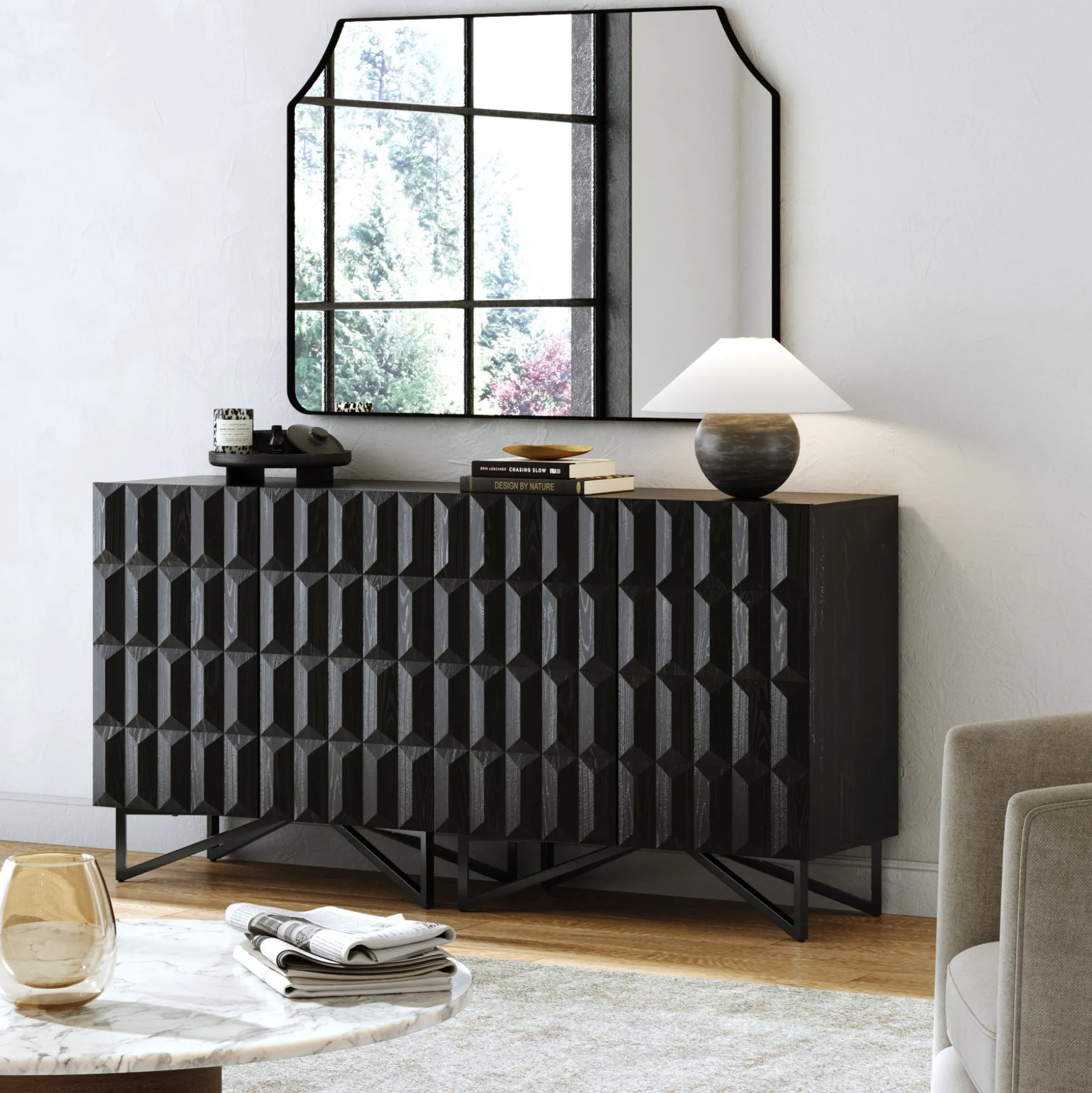 Modern TV Console with Textured Front for TVs up to 65" Black Oak