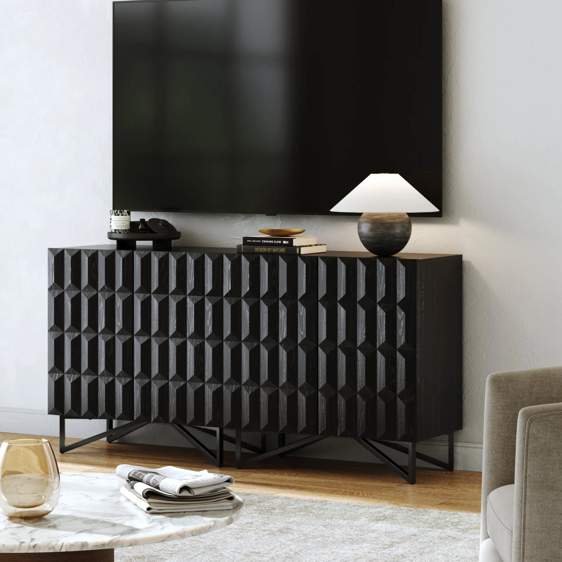 Modern TV Console with Textured Front for TVs up to 65" Black Oak