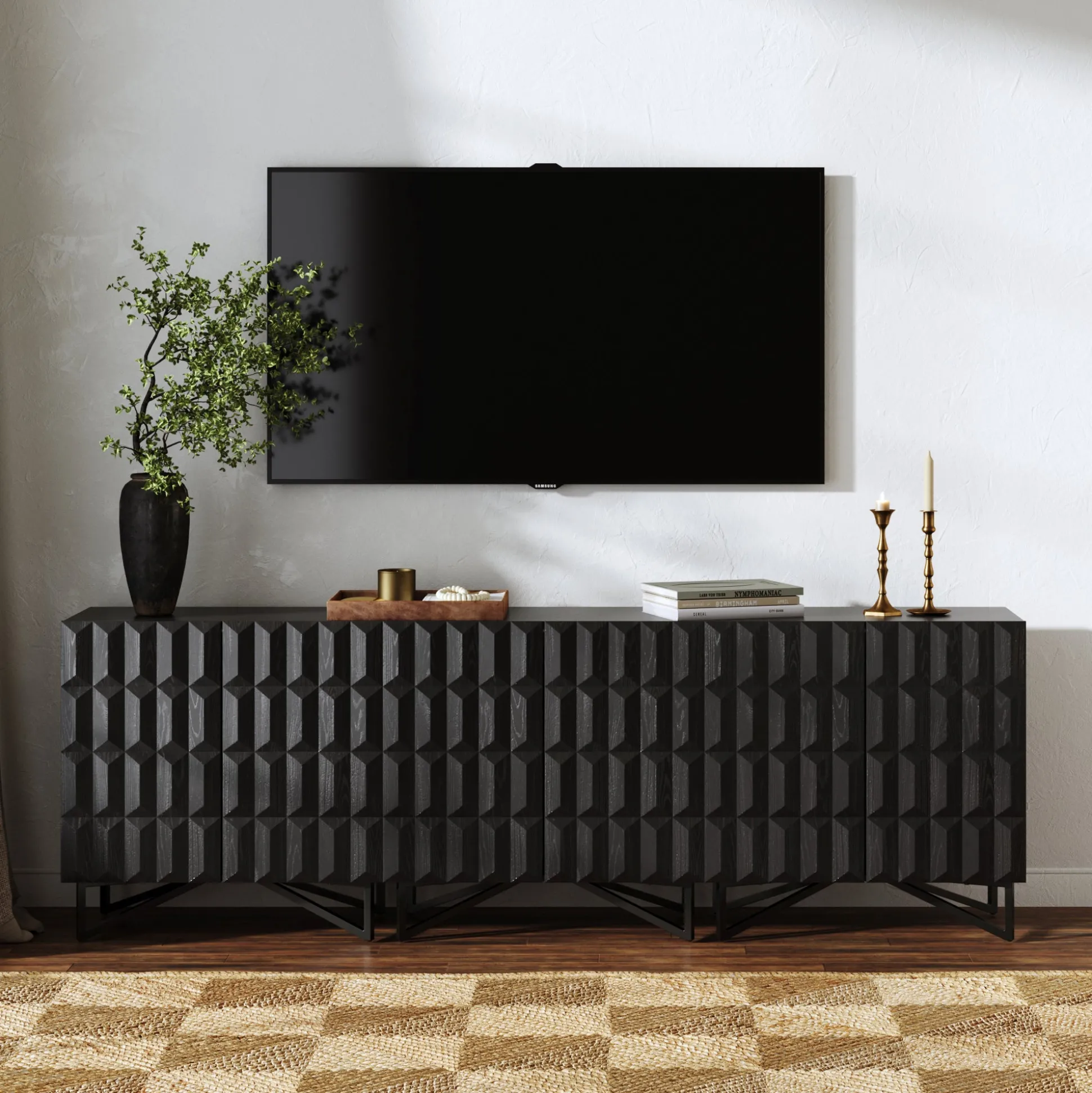 Modern TV Console with Textured Front for TVs up to 75" Black Oak