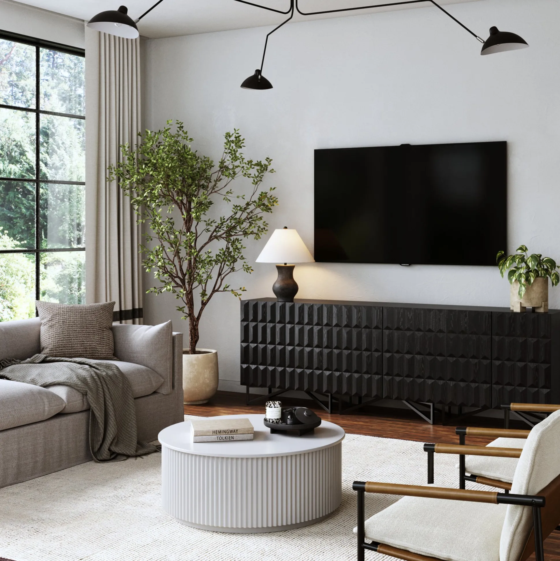 Modern TV Console with Textured Front for TVs up to 75" Black Oak