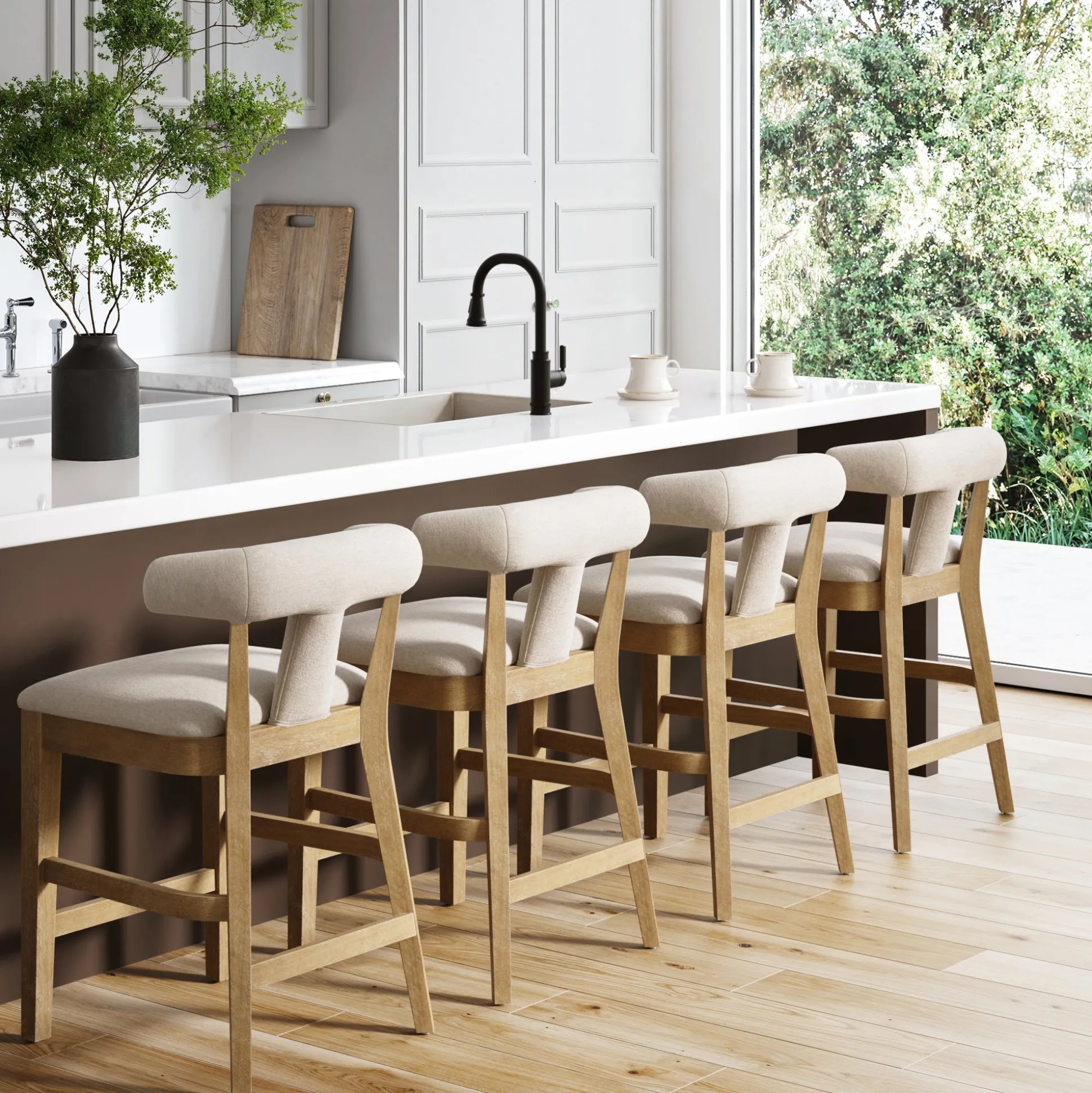 Modern Upholstered Bar Stools with Back Light Brown (Set of 4)