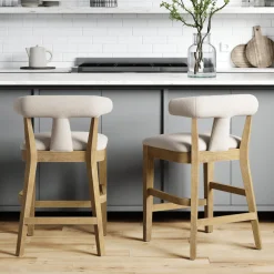 Modern Upholstered Bar Stools with Back Light Brown (Set of 2)