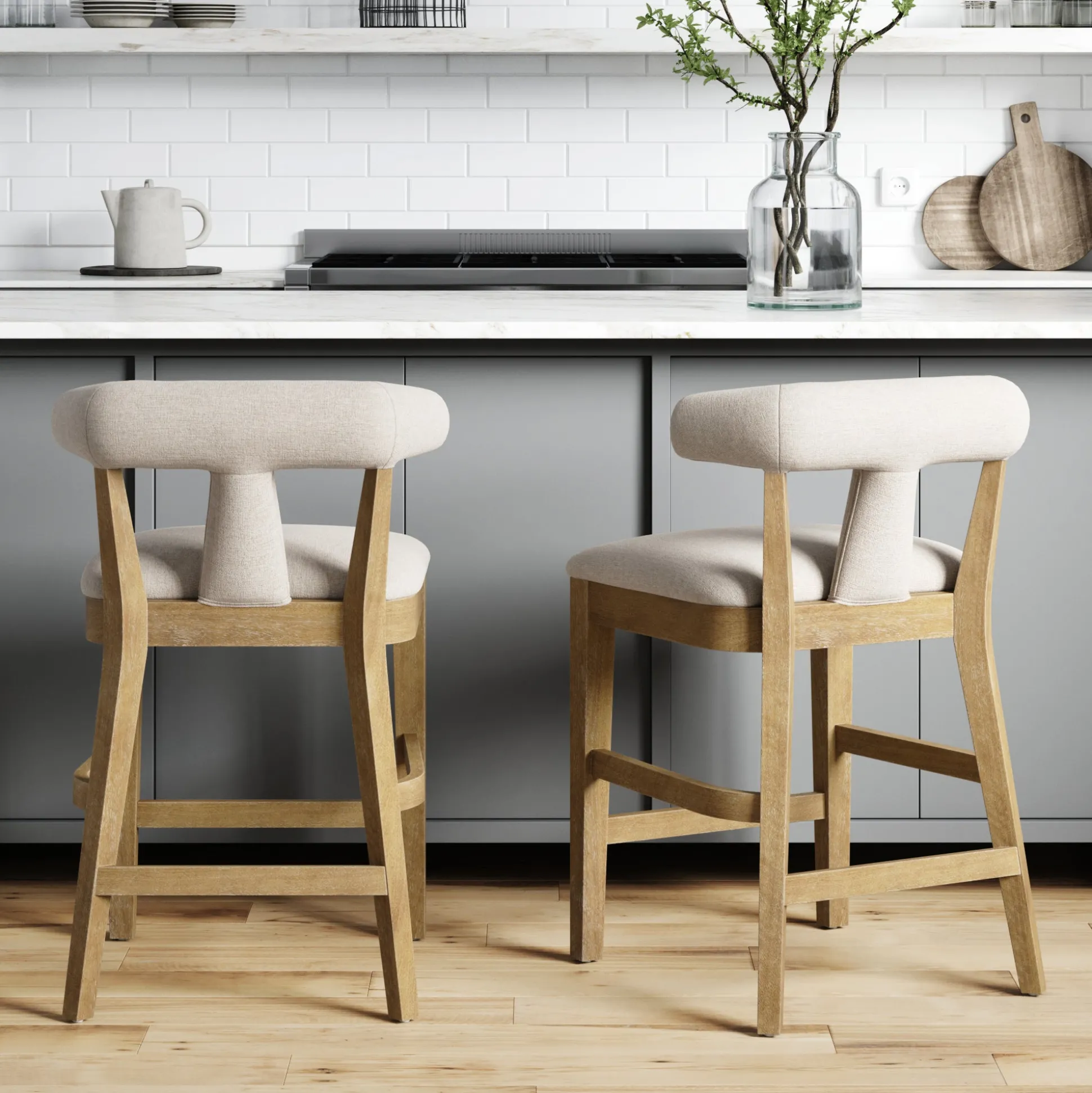 Modern Upholstered Bar Stools with Back Light Brown (Set of 2)