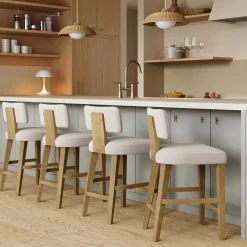 Modern Upholstered Stool with Bent Wood Back Flax/Light Brown (Set of 4)