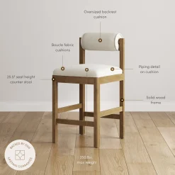 Modern Wood & Boucle Bar Stool with Bolster Back Cream/Light Brown (Set of 4)