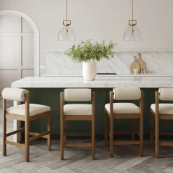 Modern Wood & Boucle Bar Stool with Bolster Back Cream/Light Brown (Set of 4)