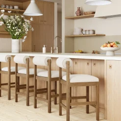 Modern Wood & Boucle Bar Stool with Bolster Back Cream/Light Brown (Set of 4)