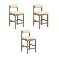 Modern Wood & Boucle Bar Stool with Bolster Back Cream/Light Brown (Set of 3)