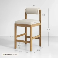 Modern Wood & Boucle Bar Stool with Bolster Back Cream/Light Brown (Set of 3)