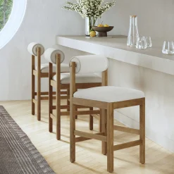Modern Wood & Boucle Bar Stool with Bolster Back Cream/Light Brown (Set of 3)