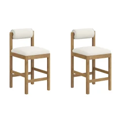 Modern Wood & Boucle Bar Stool with Bolster Back Cream/Light Brown (Set of 2)