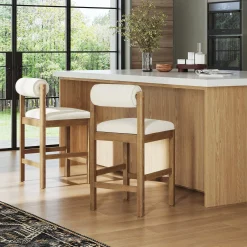 Modern Wood & Boucle Bar Stool with Bolster Back Cream/Light Brown