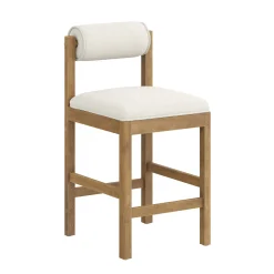 Modern Wood & Boucle Bar Stool with Bolster Back Cream/Light Brown
