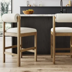 Modern Wood & Boucle Bar Stool with Bolster Back Cream/Light Brown