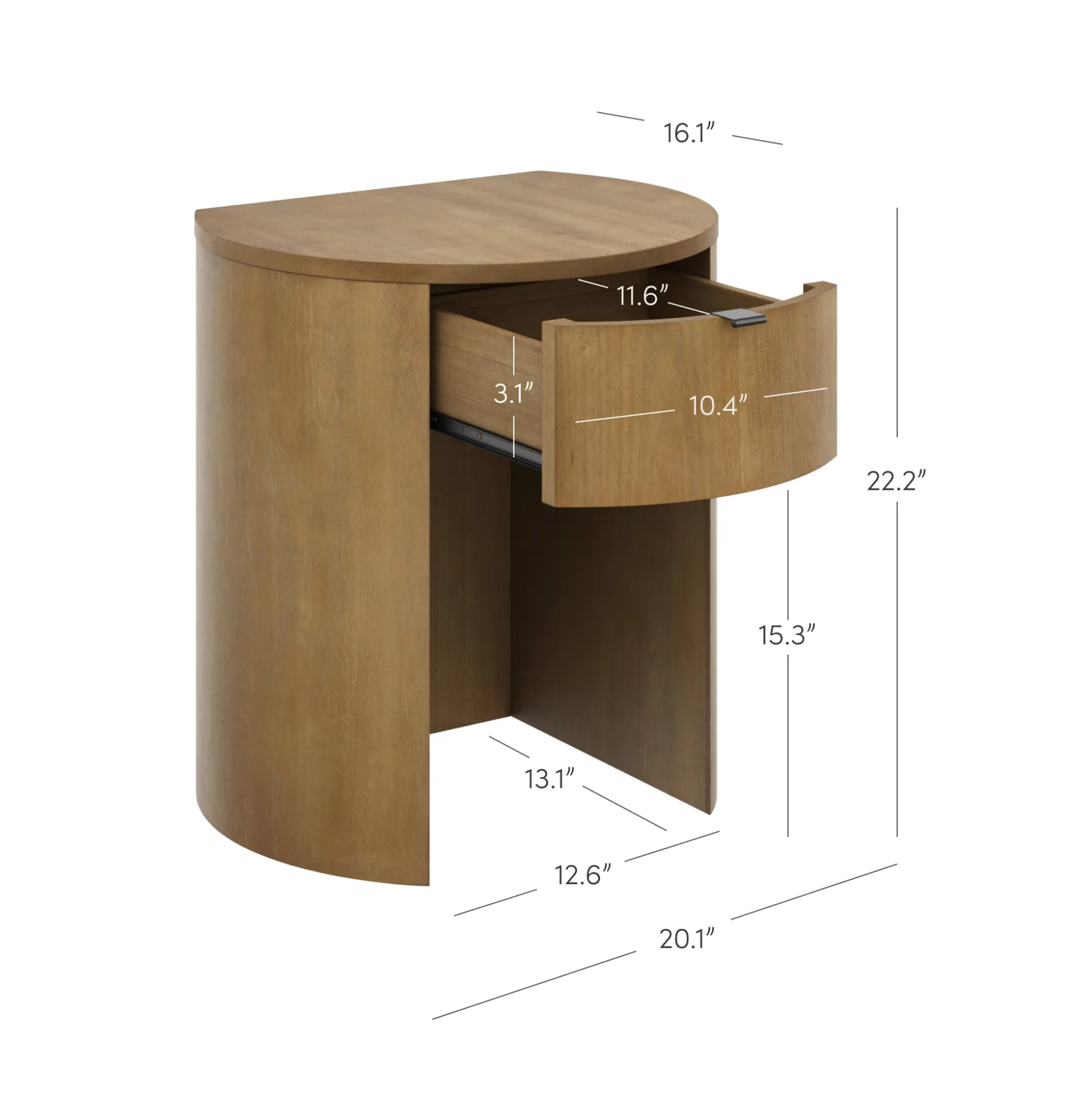 Modern Wood Curved Nightstand with Drawer Light Brown