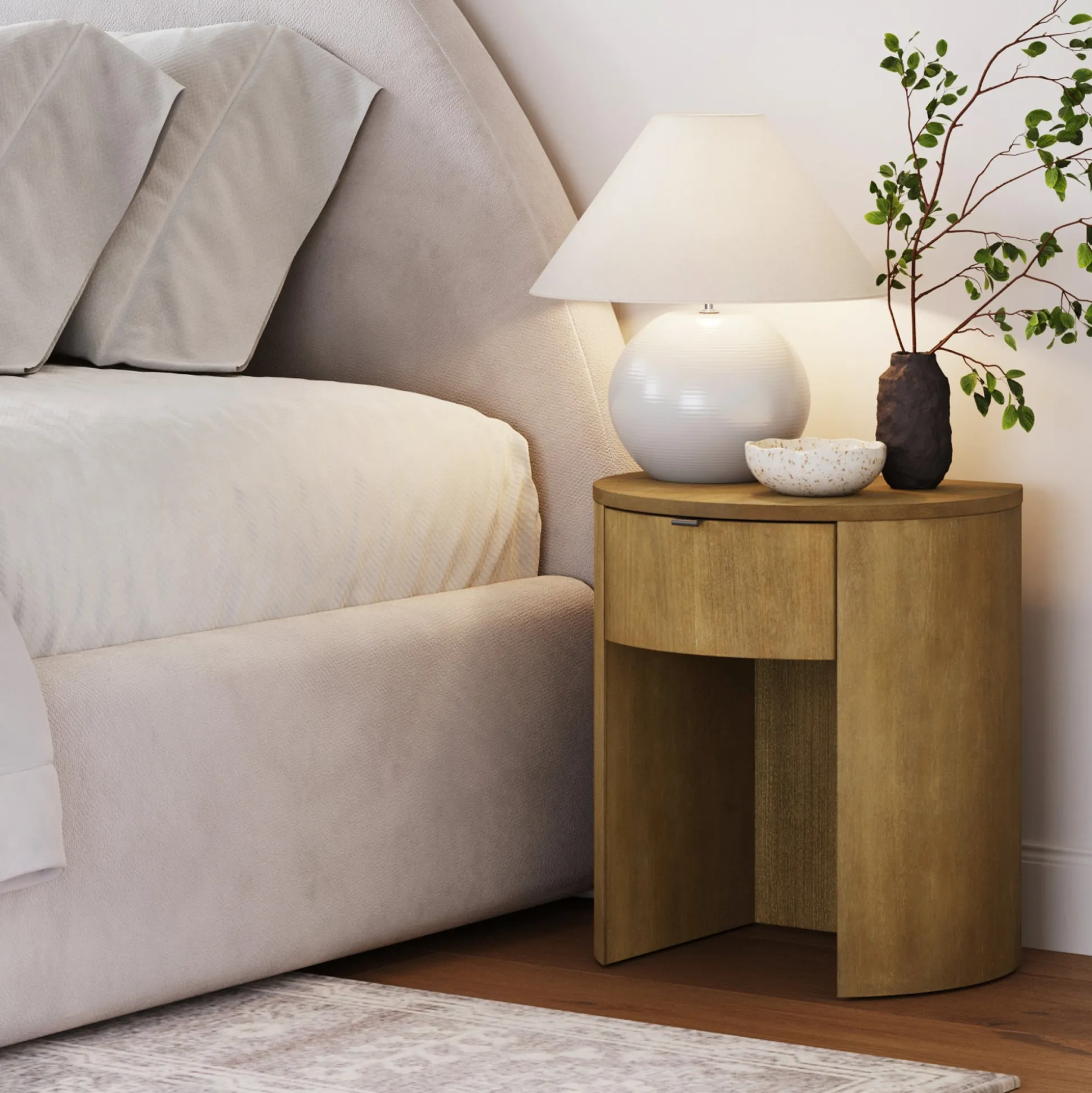 Modern Wood Curved Nightstand with Drawer Light Brown