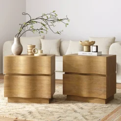 Modern Wood 2-Drawer Nightstand with Wavy Fronts Light Brown (Set of 2)