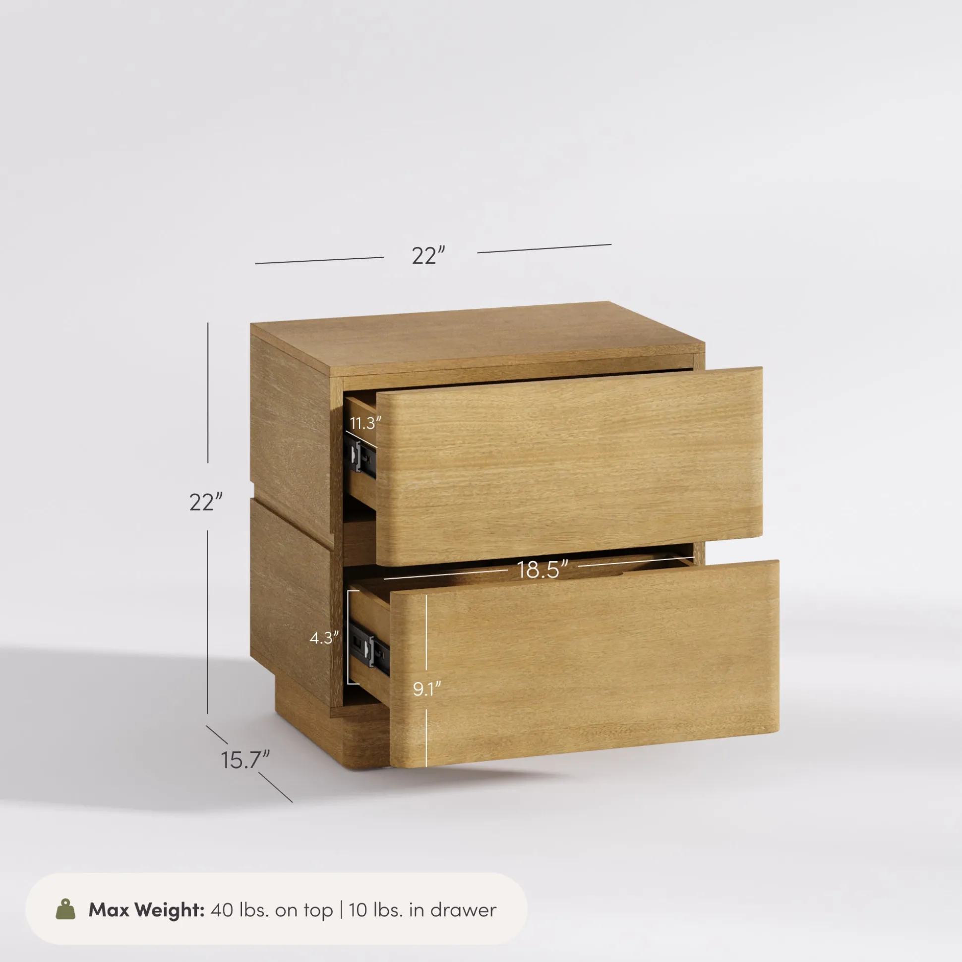 Modern Wood 2 Drawer Nightstand with Rounded Edges Light Brown