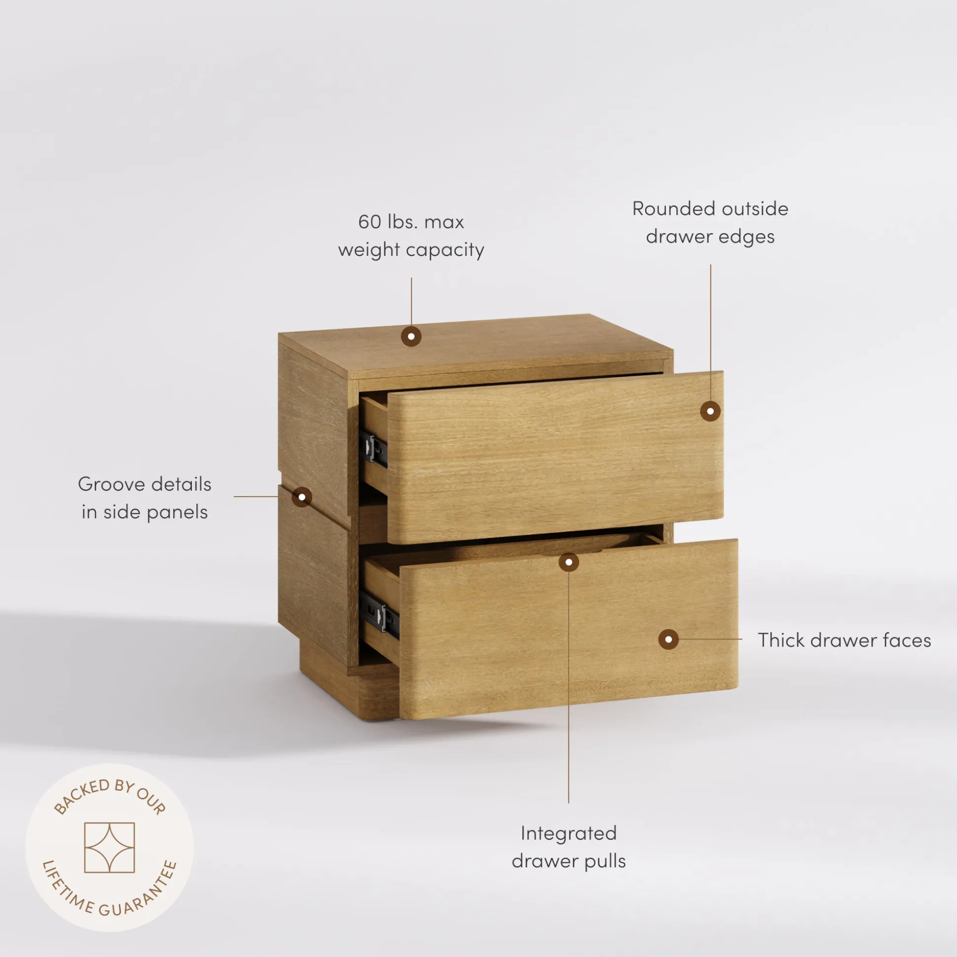 Modern Wood 2 Drawer Nightstand with Rounded Edges Light Brown