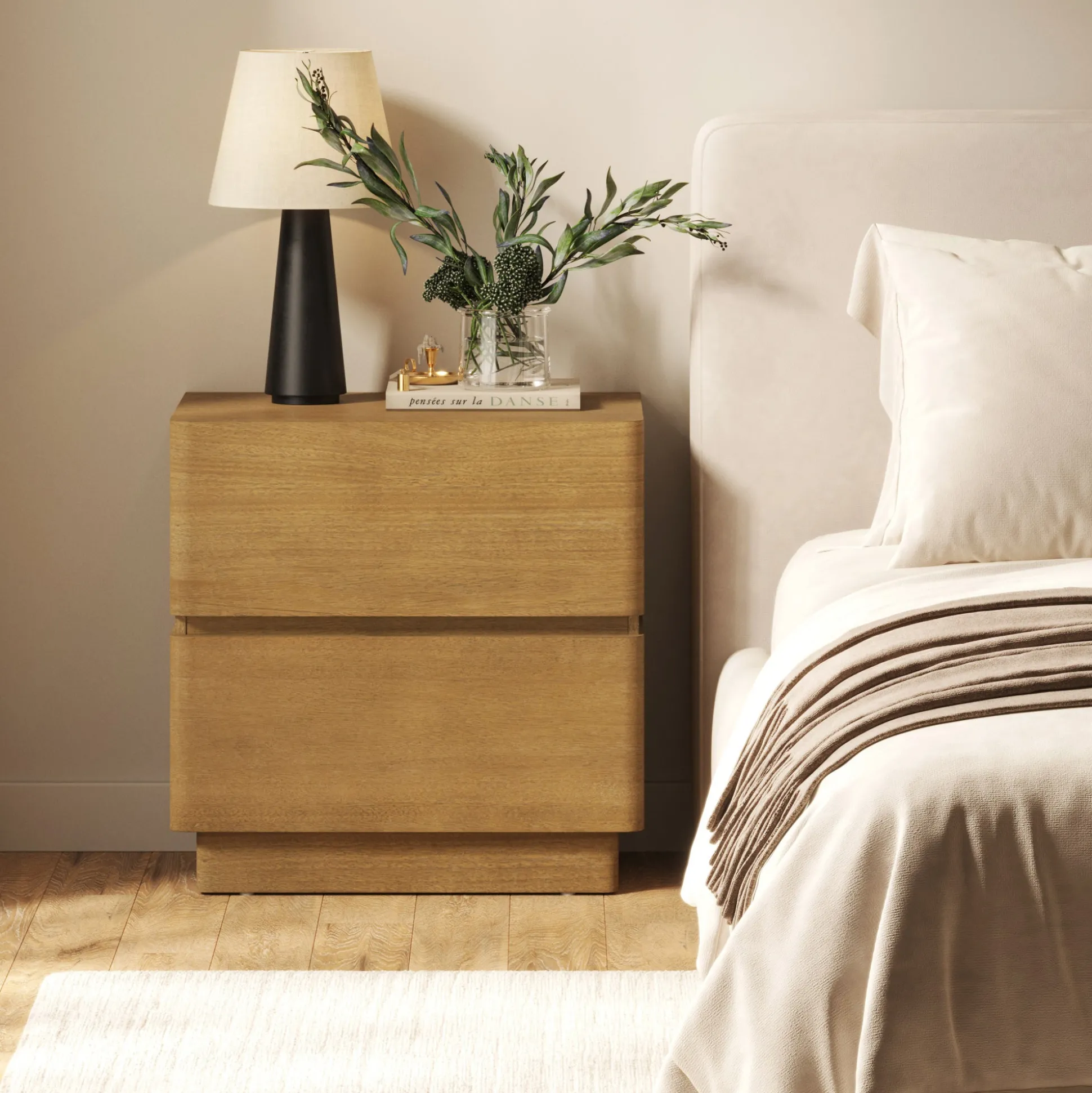 Modern Wood 2 Drawer Nightstand with Rounded Edges Light Brown