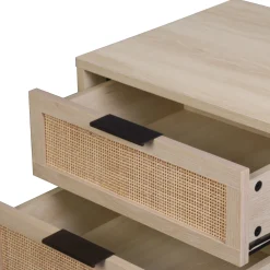 Oak Rattan Nightstand and Dresser Set with Drawers