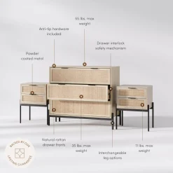 Oak Rattan Nightstand and Dresser Set with Drawers