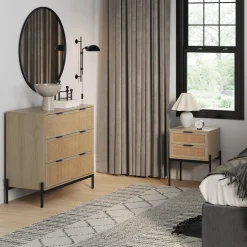 Oak Rattan Nightstand and Dresser Set with Drawers