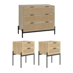 Oak Rattan Nightstand and Dresser Set with Drawers