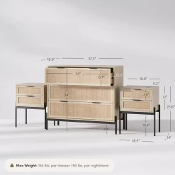 Oak Rattan Nightstand and Dresser Set with Drawers