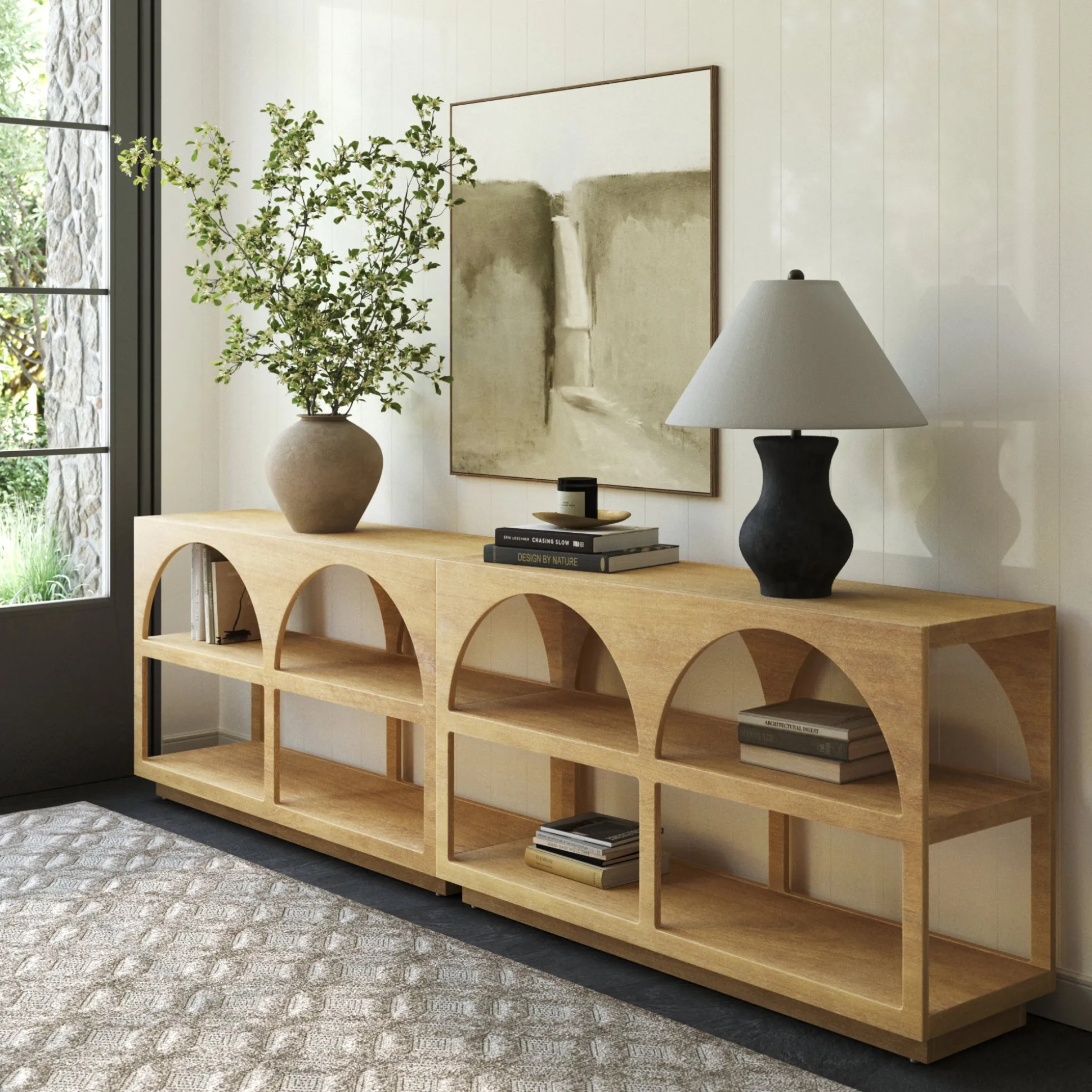 Organic Modern Wood Arched Open Shelf Storage Cabinet Light Brown (Set of 2)