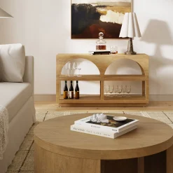 Organic Modern Wood Arched Open Shelf Storage Cabinet Light Brown