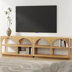 Organic Modern Wood Arched Open Shelf Storage Cabinet Light Brown