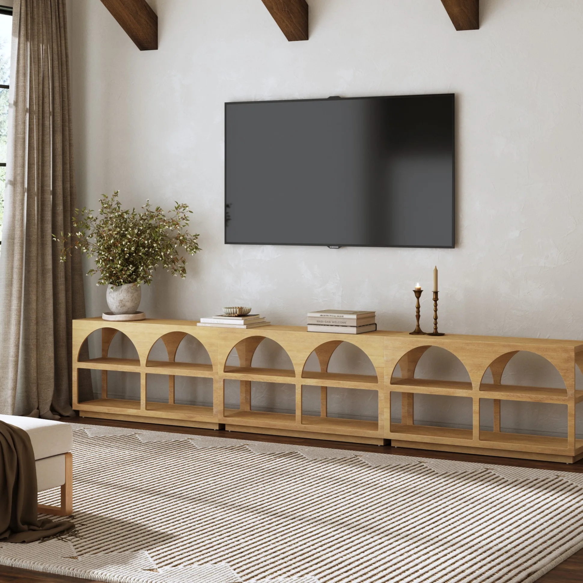 Organic Modern Wood Arched Open Shelf Storage Cabinet Light Brown (Set of 3)